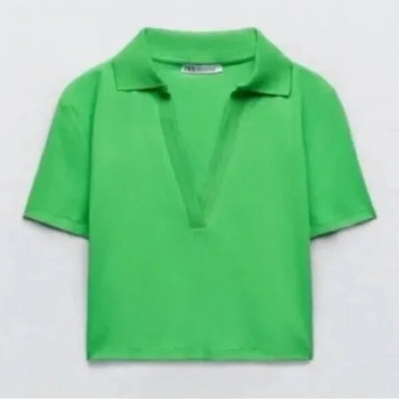NWT Zara Bright‎ Green Collared Ribbed Crop Top - Picture 1 of 4